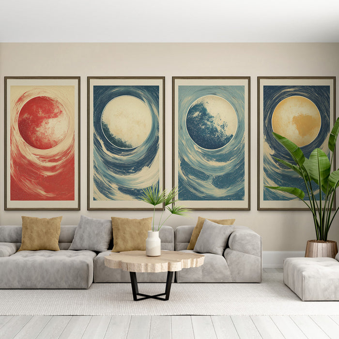 Un salon moderne avec un papier peint inspiré des phases lunaires, aux teintes rouge, bleu et jaune, créant une atmosphère artistique et apaisante.