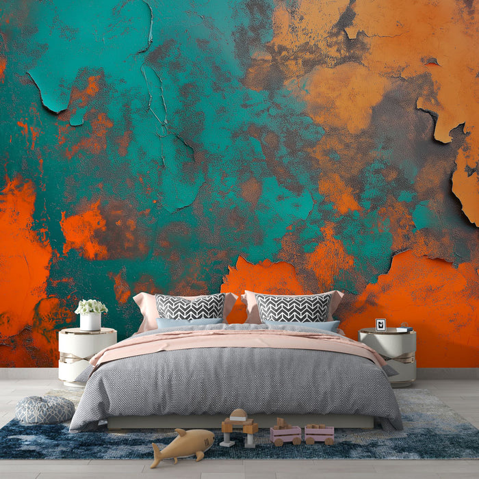 Papier peint abstraction | Motif texturé aux couleurs vives orange et turquoise