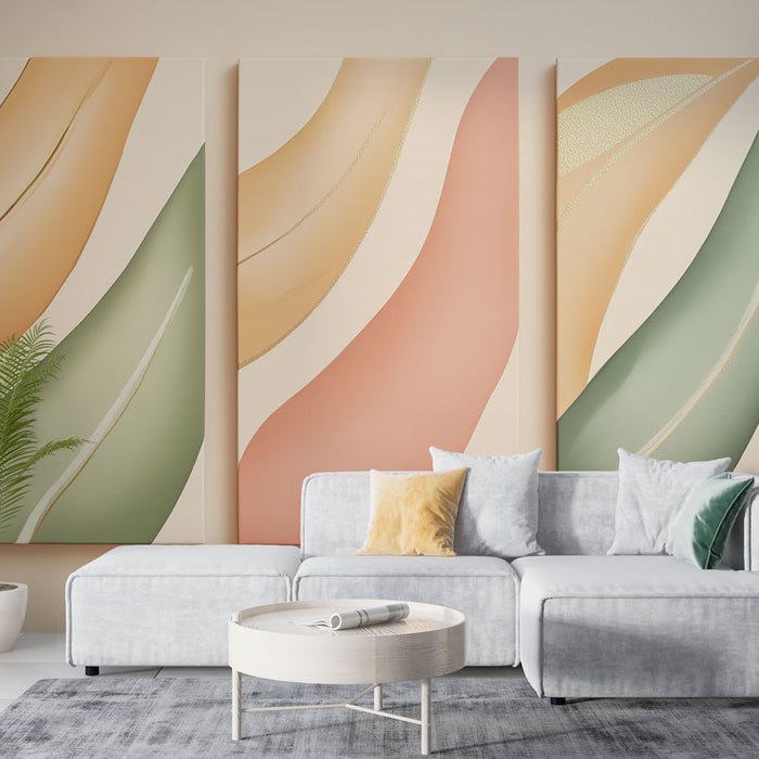 Un salon moderne avec un papier peint abstrait aux ondulations douces dans des teintes pastel de rose, beige et vert, créant une atmosphère apaisante et élégante.