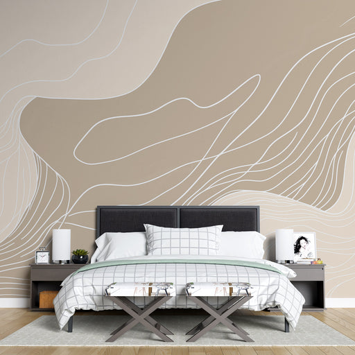 Papier peint abstrait beige aux lignes fluides et continues créant une sensation de mouvement tranquille, imprimé sur un fond de teintes douces de beige et de brun, parfait pour les intérieurs au style minimaliste ou scandinave, Meilleures ventes, Papier peint chambre adulte, Papier peint abstrait, Papier peint salon, Papier peint salle de bain, Papier peint cuisine, LePapierPeint