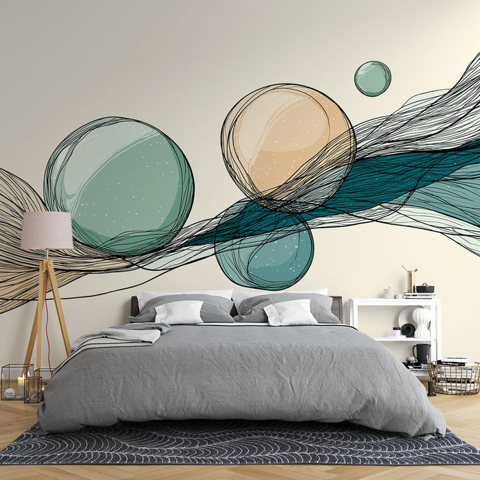 Une chambre moderne avec un papier peint abstrait représentant des cercles colorés turquoise et beige, entourés de lignes fluides, créant une ambiance artistique et apaisante.