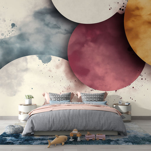 Papier peint abstrait avec cercles colorés et textures fluides pour chambre moderne