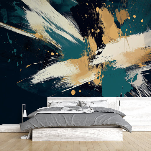 Papier peint abstrait coloré avec éclats de bleu, noir, or et blanc, évoquant la texture de la peinture à l'huile fraîche. Idéal pour un mur d'accentuation dans un salon ou un bureau moderne. Meilleures ventes, Papier peint chambre adulte, Papier peint abstrait, Papier peint salon, Papier peint salle de bain, Papier peint cuisine, LePapierPeint