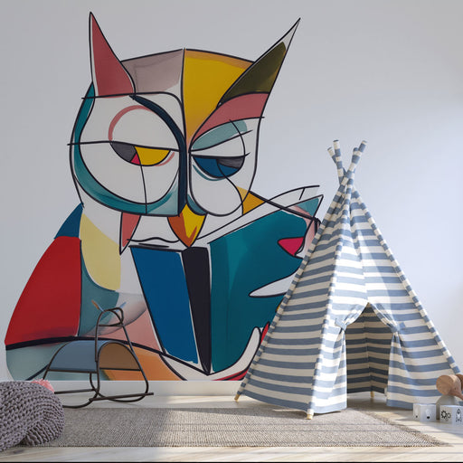 Illustration colorée d'un hibou en train de lire avec des lunettes rondes, utilisant des couleurs vives en patchwork, idéale pour une chambre moderne ou éclectique. Papier Peint Chambre Enfant, Papier Peint Animaux, Meilleures ventes, Papier peint chambre fillette, Papier peint chambre adolescent, Papier peint chambre garçon, Papier peint abstrait, Papier peint enfant, LePapierPeint