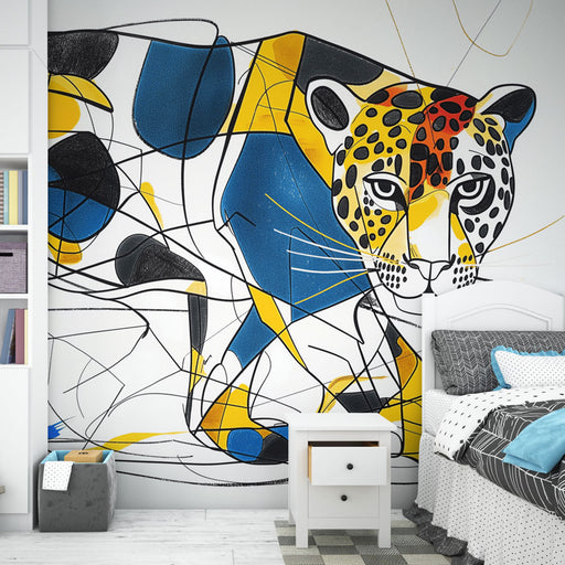 Papier peint dynamique et audacieux représentant un jaguar stylisé dans une composition cubiste avec des blocs de couleurs vives jaunes, bleus et rouges, entrecoupés de lignes noires et blanches, décor mural idéal pour un espace moderne et créatif, Papier Peint Chambre Enfant,Papier Peint Animaux,Meilleures ventes,Papier Peint Chambre Fillette,Papier Peint Chambre Garçon,Papier Peint Abstrait,Papier Peint Enfant,LePapierPeint