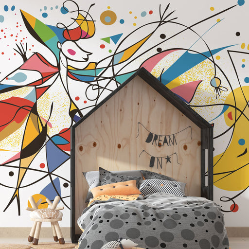 Papier peint abstrait coloré "Joie en Couleurs" avec des lignes noires fluides et des formes géométriques colorées en jaune, rouge, bleu et vert, idéal pour un espace lumineux. Papier Peint Chambre Enfant,Papier Peint Animaux,Meilleures ventes,Papier peint chambre fillette,Papier peint chambre garçon,Papier peint abstrait,Papier peint enfant,LePapierPeint