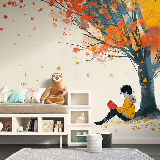 Papier peint abstrait coloré illustrant une scène d'automne avec une personne lisant un livre rouge sous un arbre aux feuilles rouges, orange et jaunes vibrantes, idéal pour une chambre à coucher ou un coin lecture avec des meubles en bois naturel et des textiles en lin ou coton, Papier Peint Chambre Enfant, Meilleures ventes, Papier peint chambre fillette, Papier peint chambre adolescent, Papier peint chambre garçon, Papier peint abstrait, Papier peint enfant, LePapierPeint