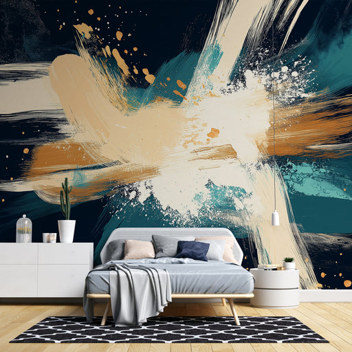 Papier peint abstrait coloré avec des coups de pinceau dynamiques en teintes de bleu, noir et or, éclaboussés d'accents blancs, installé dans une chambre moderne avec un mobilier minimaliste. , Meilleures ventes, Papier peint chambre adulte, Papier peint abstrait, Papier peint salon, Papier peint salle de bain, Papier peint cuisine, LePapierPeint