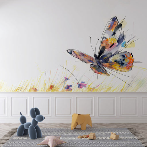 Papier peint avec un papillon aquarellé en jaune, orange, bleu et noir sur un fond neutre avec des touches subtiles, idéal pour les intérieurs modernes et minimalistes, ajoutant une note poétique et colorée. Parfait pour les chambres d'enfant et les espaces de vie apaisants, Papier Peint Chambre Enfant,Papier Peint Animaux,Papier Peint Chambre Bébé,Meilleures ventes,Papier peint chambre fillette,Papier peint chambre garçon,Papier peint abstrait,Papier peint papillon,Papier peint enfant,LePapierPeint