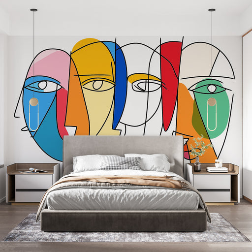 Papier peint abstrait aux visages multicolores avec des nuances de bleu, rose, jaune et plus sur fond blanc, parfait pour un intérieur contemporain ou artistique. Meilleures ventes, Papier peint chambre adulte, Papier peint abstrait, Papier peint salon, Papier peint salle de bain, Papier peint cuisine, LePapierPeint