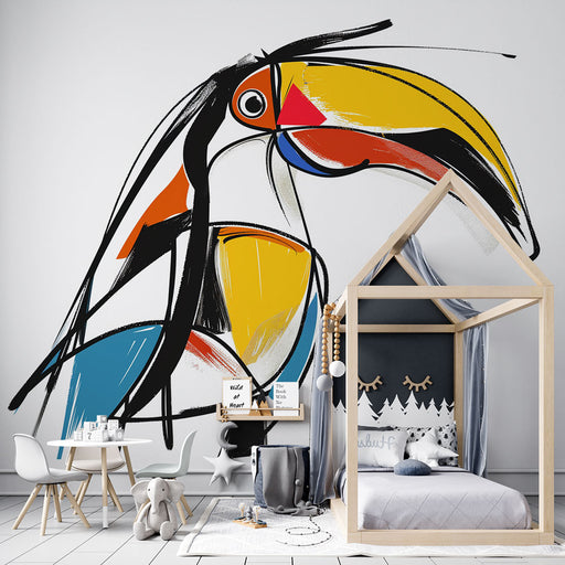 Illustration vibrante d'un toucan stylisé en peinture abstraite sur fond blanc, avec des aplats de couleur jaune, bleu, orange et noir, créant une sensation de mouvement dynamique, idéale pour les intérieurs modernes. Papier Peint Chambre Enfant,Papier Peint Animaux,Papier Peint Chambre Bébé,Meilleures ventes,Papier peint chambre fillette,Papier peint chambre adolescent,Papier peint chambre garçon,Papier peint abstrait,Papier peint toucan,Papier peint enfant,LePapierPeint