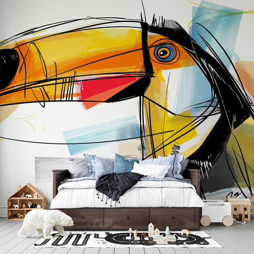 Papier peint toucan stylisé avec des couleurs vives sur fond abstrait dans une chambre avec mobiliers minimalistes, Papier Peint Chambre Enfant, Papier Peint Animaux, Meilleures ventes, Papier peint chambre fillette, Papier peint chambre adolescent, Papier peint chambre garçon, Papier peint abstrait, Papier peint toucan, Papier peint enfant, LePapierPeint