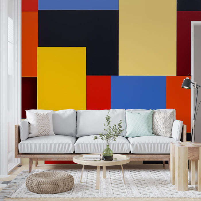 Papier peint abstrait coloré avec composition géométrique de carrés et rectangles pour salon moderne.