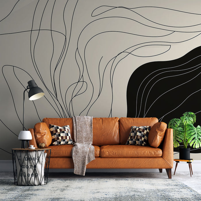 Papier peint abstrait design élégant avec lignes fluides et formes organiques pour salon moderne