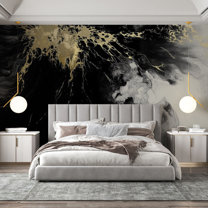 Papier peint abstrait | Design fluide en noir, blanc et or