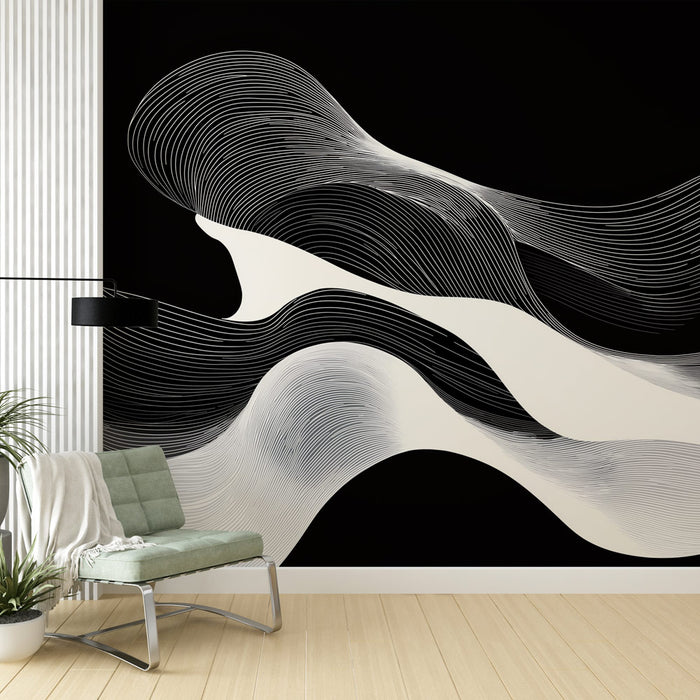 Papier peint abstrait design ondulé en noir et blanc pour salon moderne