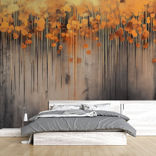 Papier peint abstrait avec éclat de teintes orangées sur fond texturé pour chambre moderne.