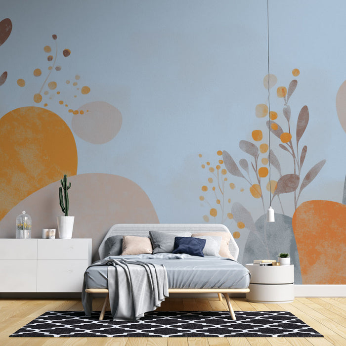 Une chambre moderne avec un papier peint aux formes organiques dans des tons de bleu, orange et beige, créant une atmosphère douce et apaisante.