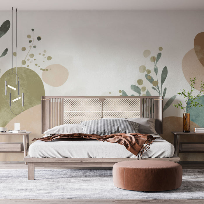 Une chambre moderne avec un papier peint abstrait aux teintes douces de vert et de beige, créant une atmosphère apaisante et naturelle.