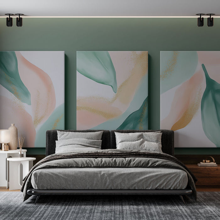 Une chambre moderne avec un papier peint artistique aux teintes douces de vert, rose et beige, créant une atmosphère apaisante et élégante.
