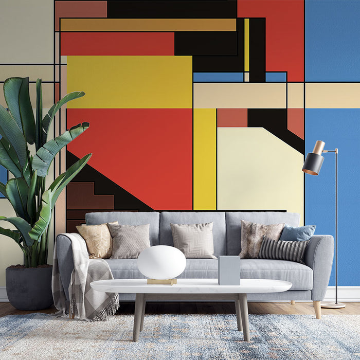 Papier peint abstrait avec formes géométriques colorées et lignes noires pour salon moderne