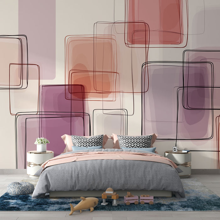 Une chambre moderne avec un papier peint abstrait aux formes géométriques en dégradés de rose et violet, créant une atmosphère artistique et apaisante.