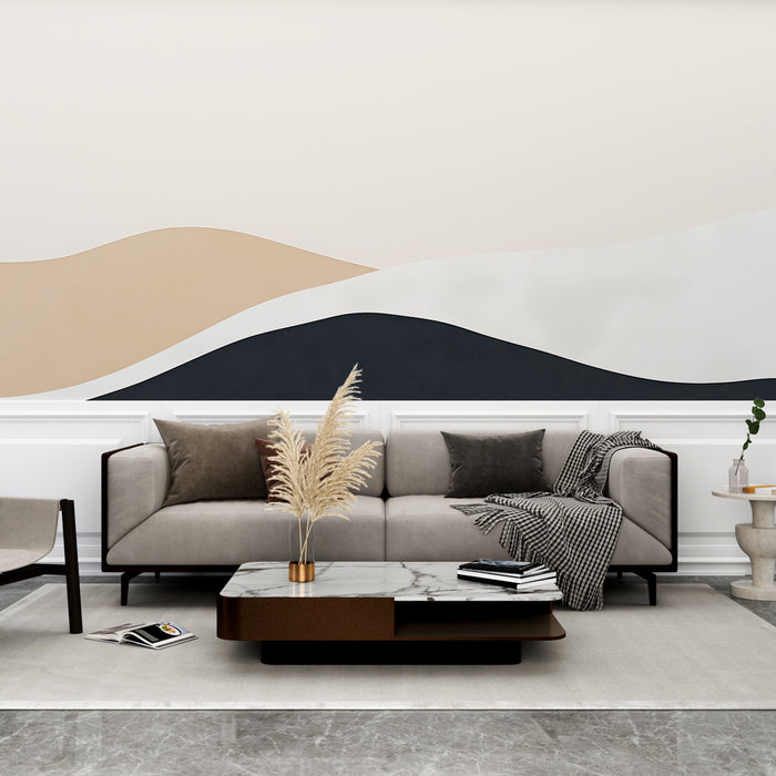 Papier peint abstrait avec formes ondulées en beige et noir pour salon moderne