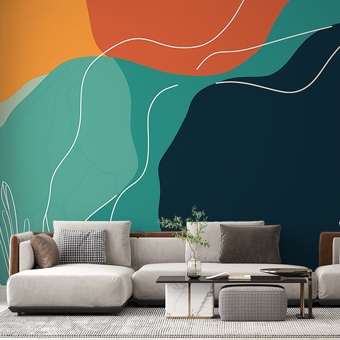 Papier peint abstrait avec formes organiques aux couleurs vibrantes pour salon moderne
