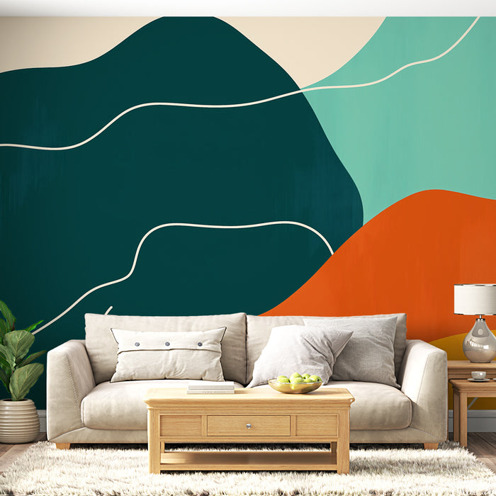 Papier peint abstrait avec formes organiques en couleurs vives pour salon moderne