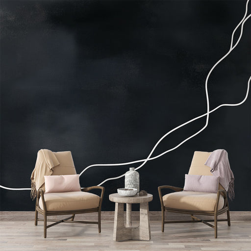 Papier peint abstrait avec lignes blanches sur fond noir pour salon moderne et élégant.