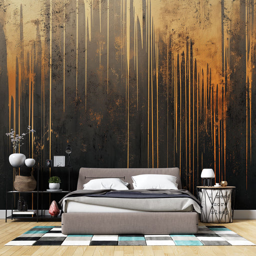 Papier peint abstrait avec lignes dorées sur fond noir et or pour chambre moderne