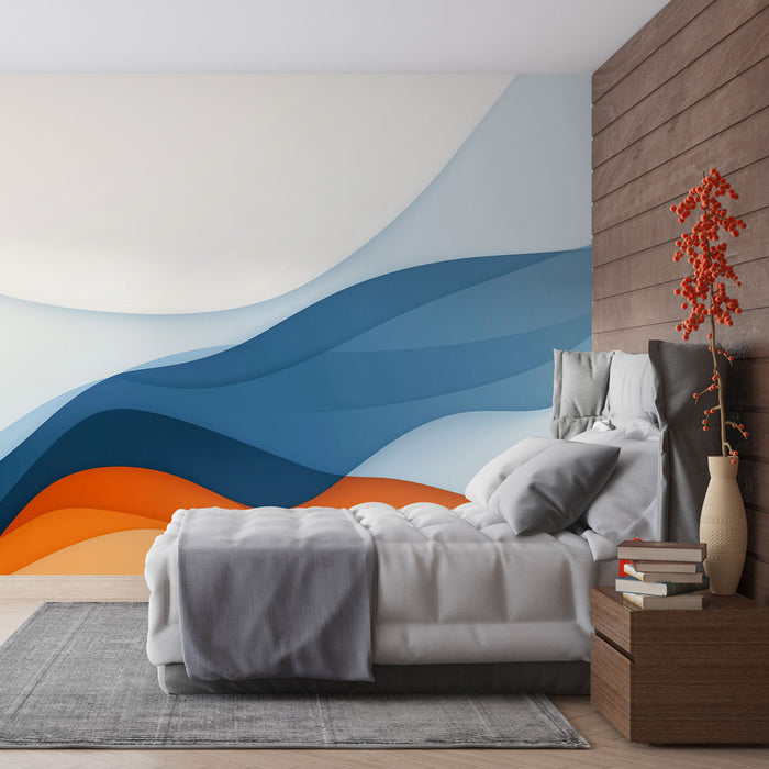 Papier peint abstrait moderne | Vagues douces en bleu et orange