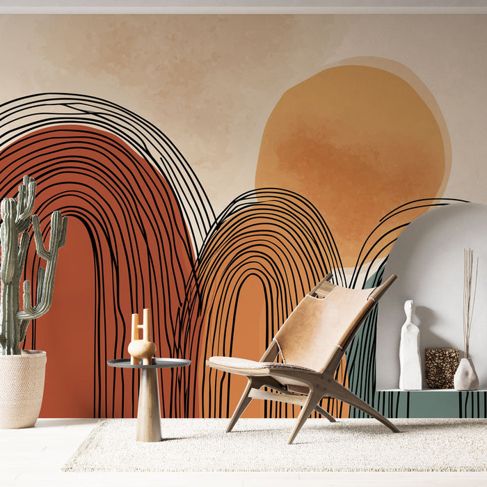 Une pièce moderne avec un papier peint abstrait aux formes ondulées dans des teintes terracotta et beige, créant une atmosphère chaleureuse et artistique.