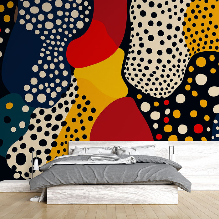 Papier peint abstrait coloré avec formes fluides et points pour chambre moderne