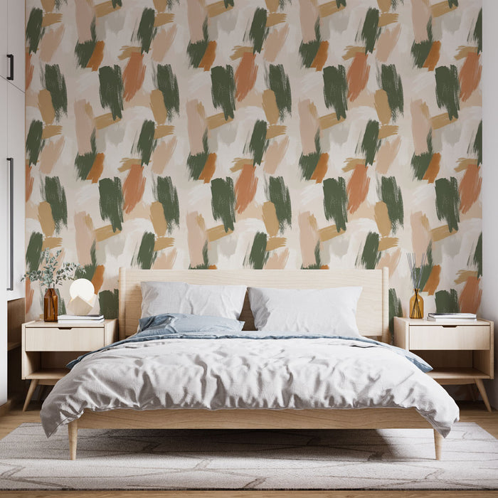 Une chambre moderne avec un papier peint aux motifs abstraits dans des teintes de vert, orange et beige, créant une ambiance chaleureuse et artistique.