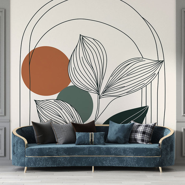 Papier peint abstrait avec motif de feuilles stylisées et cercles colorés pour salon moderne.
