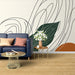 Papier peint abstrait avec motif de lignes fluides et feuilles stylisées pour salon moderne.