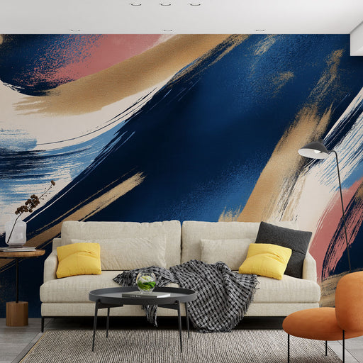 Papier peint abstrait avec motif dynamique en bleu, rose et or pour salon moderne.