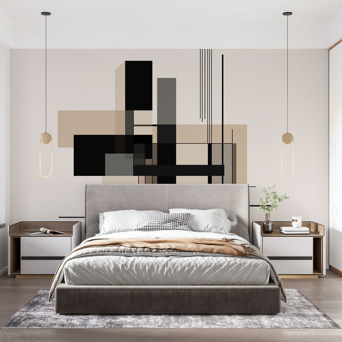 Papier peint abstrait avec motif géométrique en noir et beige pour chambre moderne