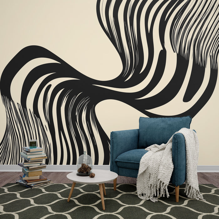 Papier peint abstrait noir avec motif ondulant sur fond crème pour salon moderne.