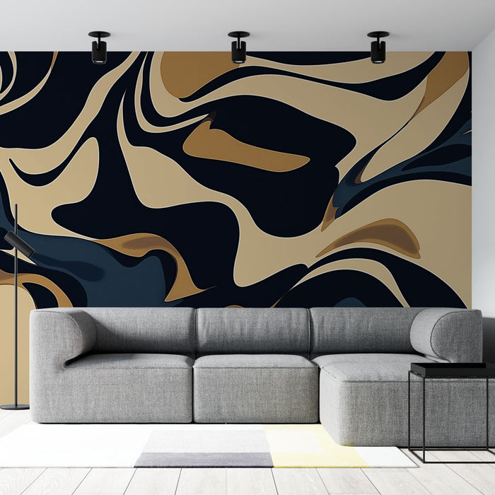 Papier peint abstrait avec motif ondulé en bleu et beige pour salon moderne