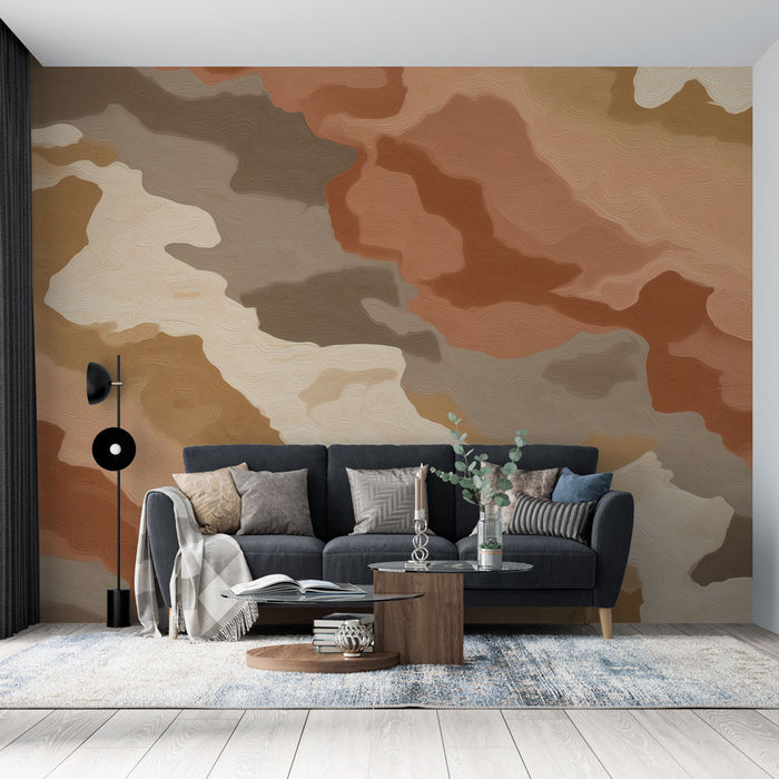 Un salon moderne avec un papier peint aux motifs abstraits dans des teintes terreuses de beige, marron et terracotta, créant une ambiance chaleureuse et accueillante.