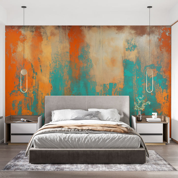 Papier peint abstrait | Motif vibrant aux teintes orange et turquoise