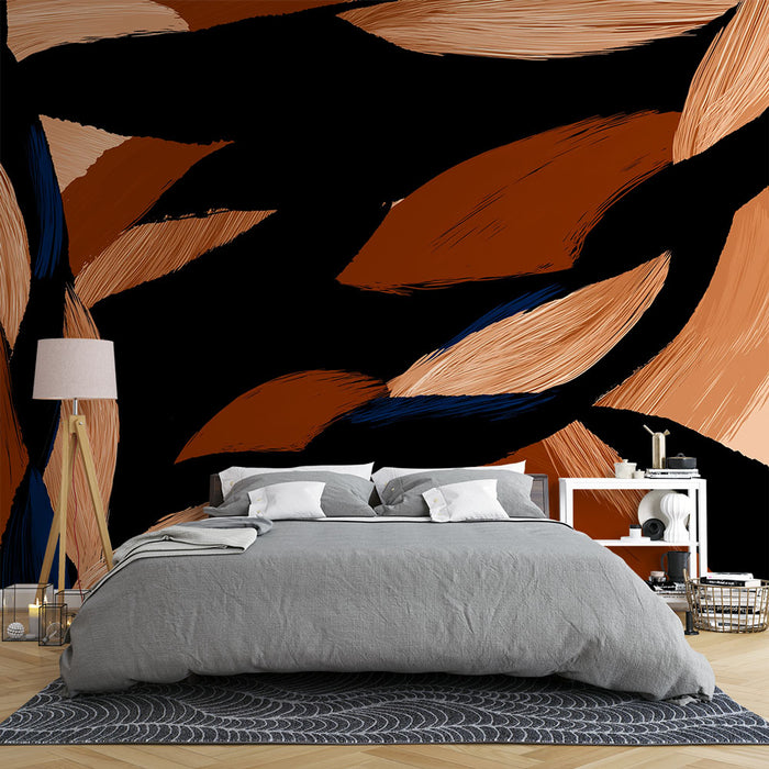 Une chambre moderne avec un papier peint abstrait aux motifs fluides dans des teintes brunes et bleues sur fond noir, créant une ambiance dynamique et chaleureuse.