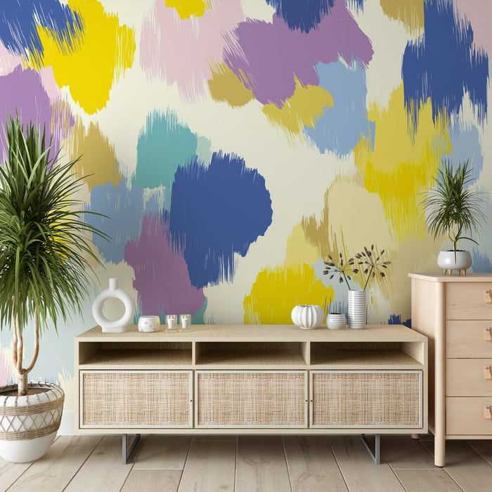 Un salon lumineux avec un papier peint abstrait aux teintes pastel et vives, créant une atmosphère joyeuse et artistique.