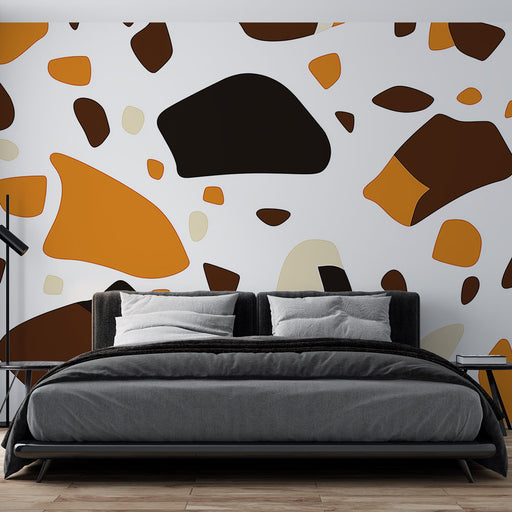 Papier peint abstrait avec motifs colorés en orange et marron sur fond blanc pour chambre moderne