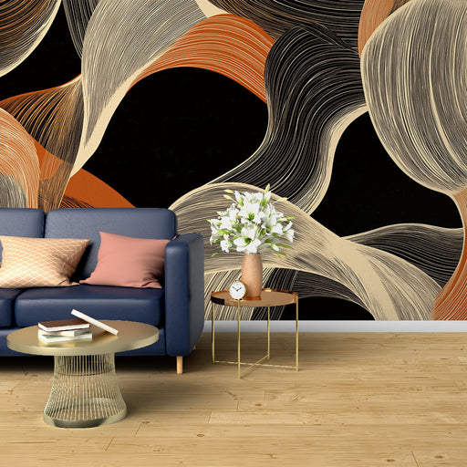 Papier peint abstrait avec motifs contemporains aux lignes ondulées dans des tons chauds pour salon moderne.