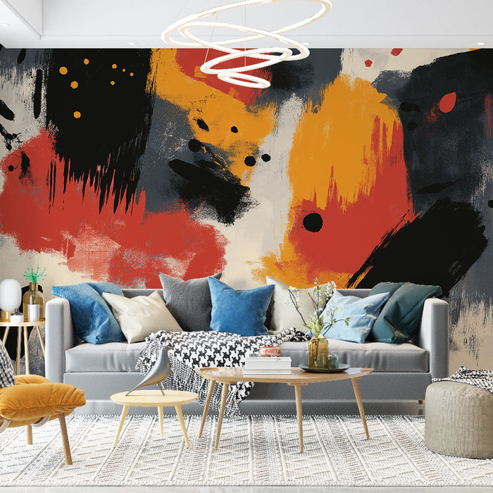 Papier peint abstrait avec motifs éclatants en rouge, noir et jaune pour salon moderne.