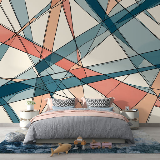 Une chambre moderne avec un papier peint abstrait aux lignes graphiques en bleu, rose et beige, créant une ambiance dynamique et contemporaine.