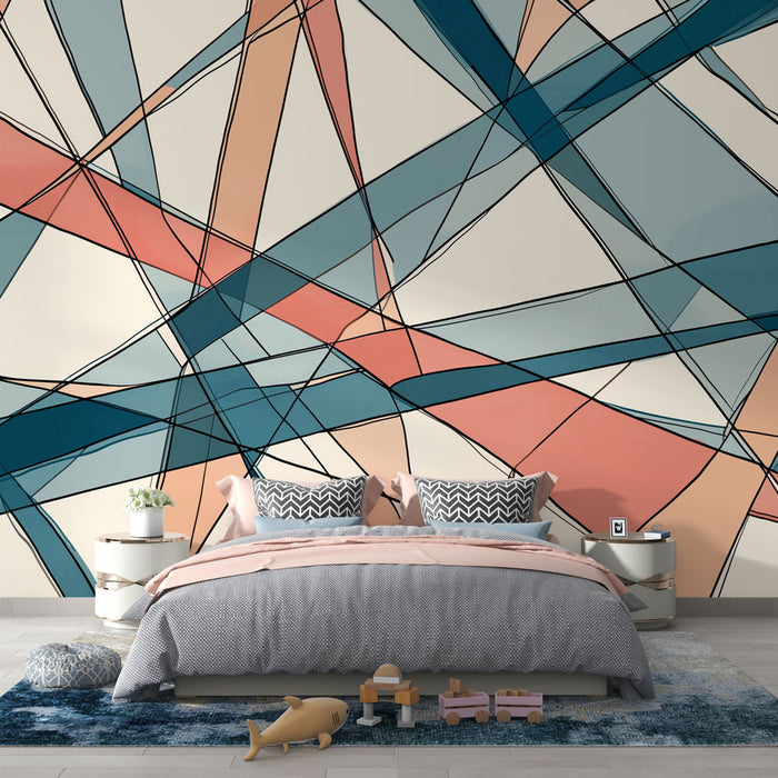 Une chambre moderne avec un papier peint abstrait aux lignes graphiques en bleu, rose et beige, créant une ambiance dynamique et contemporaine.